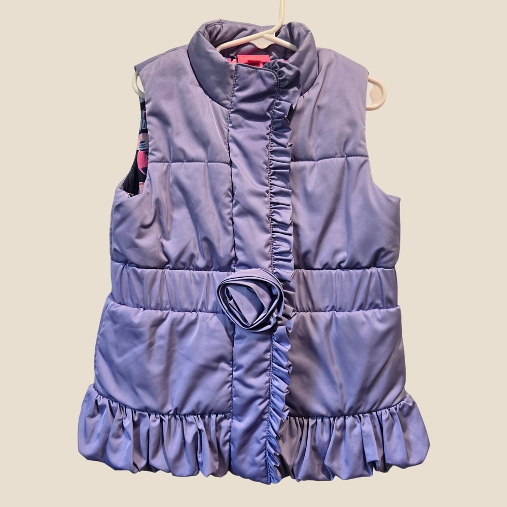 Lilly Pulitzer Girls Periwinkle Purple Ruffle Puffer Vest Floral Lining M 6-7